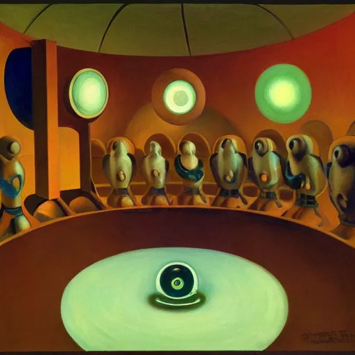 Image similar to three biomorphic robotic seers watchers oracles soothsayers with glowing eyes, inside a dome, pj crook, grant wood, edward hopper, syd mead, chiaroscuro, oil on canvas