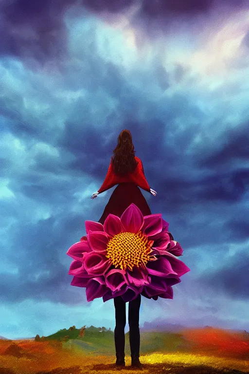 Prompt: closeup perspective, giant dahlia flower as head, girl standing on mountain, surreal photography, blue storm clouds, dramatic light, impressionist painting, digital painting, artstation, simon stalenhag