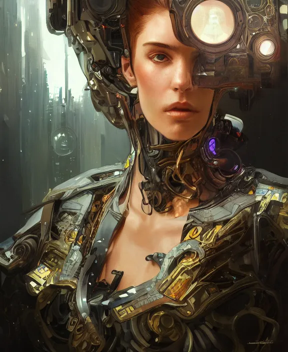 Prompt: portrait of a cyberpunk cyborg, half body, fantasy, intricate, elegant, highly detailed, digital painting, artstation, concept art, art by artgerm and greg rutkowski and alphonse mucha