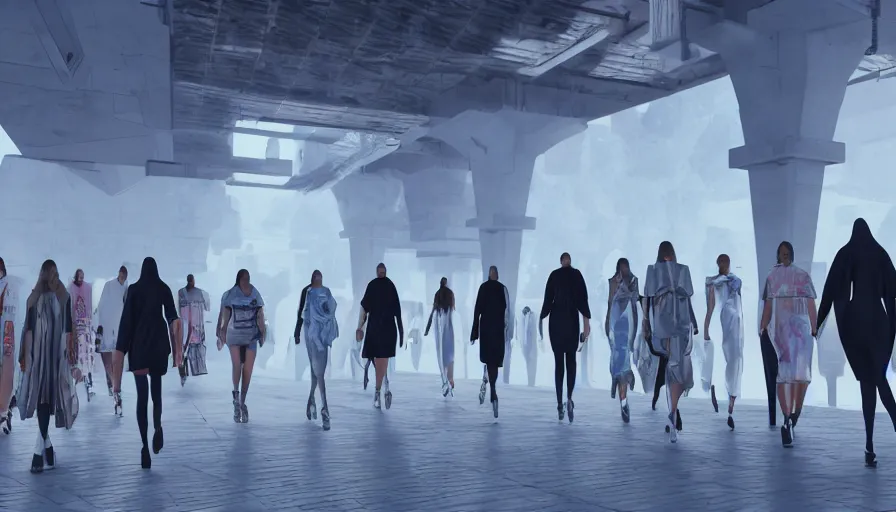 Image similar to Fashion Catwalk!! on a brutalist platform in an Angelic Floating City in the Clouds, Hyperrealistic, Intricate Details, Raytracing, Volumetric Lighting, Lightshafts, Blue and White Color Palette, Unreal Engine 5, Photorealism, Concept Art