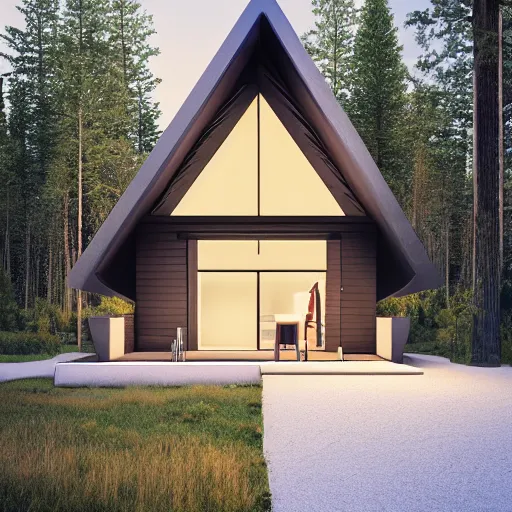 Image similar to minimal modernist a - frame house in the woods, beautiful lighting, volumetric, cinematic lighting, corona render, detailed, symmetrical, minimal, clean