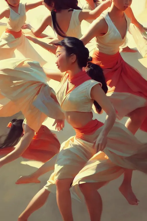 Image similar to greg manchess top angle shot of group of asian females dancing, organic painting, sunny day, matte painting, bold shapes, hard edges, street art, trending on artstation, by huang guangjian and ail elvgren and sachin teng, 8 k, high detail, fantasy art, dnd, artstation,