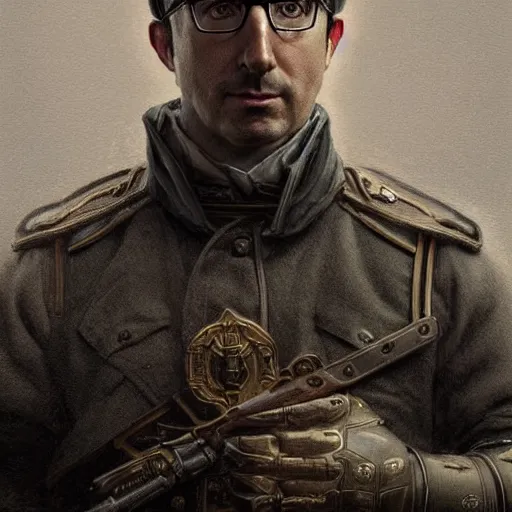 Image similar to portrait of stoic looking john oliver, military uniform, fantasy, intricate, elegant, highly detailed, centered, dark, smokey, charcoal painting, digital painting, artstation, concept art, smooth, sharp focus, illustration, art by artgerm and greg rutkowski and alphonse mucha