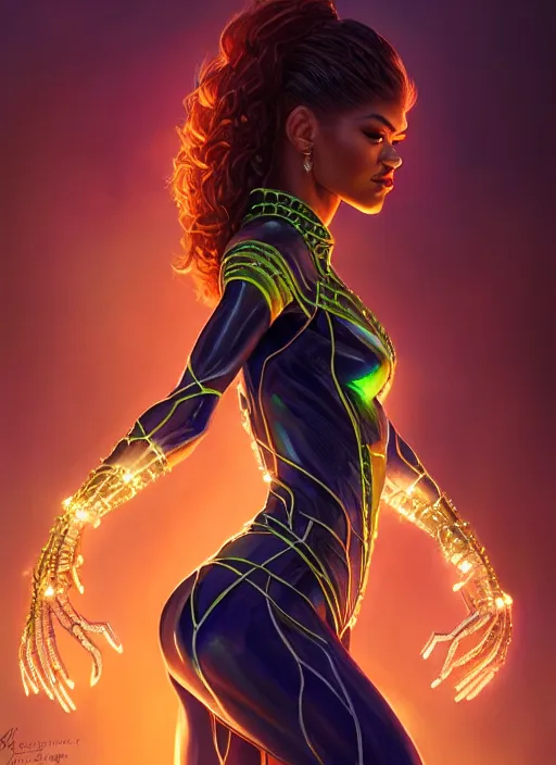 Image similar to zendaya as skrull queen, intricate, elegant, glowing lights, highly detailed, digital painting, artstation, glamor pose, concept art, smooth, sharp focus, illustration, art by artgerm and greg rutkowski, artey freytag