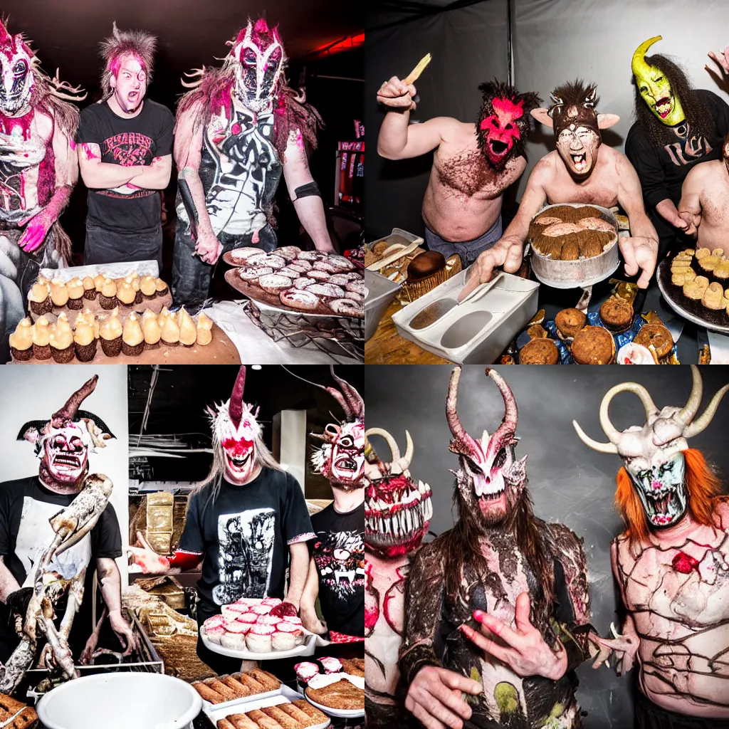 Prompt: The band Gwar having a bake sale, photography