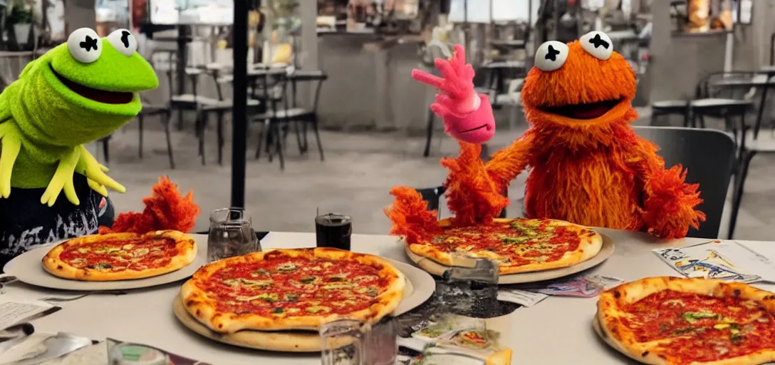 Image similar to an original muppet character sitting at a table with pizza in the style of the dark crystal