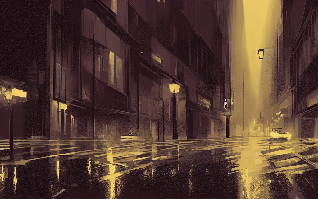 Prompt: concept art, dark wet london street at night by roger deakins, in the style of syd mead and liam wong