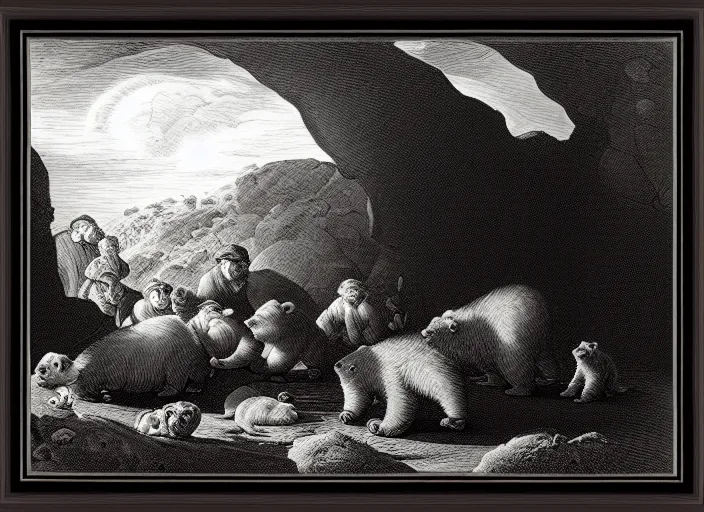 Prompt: Pieter Claesz's 'viewer looking into dark cave and seeing a mother bear and her cubs sleeping', night time, cross hatching, framed