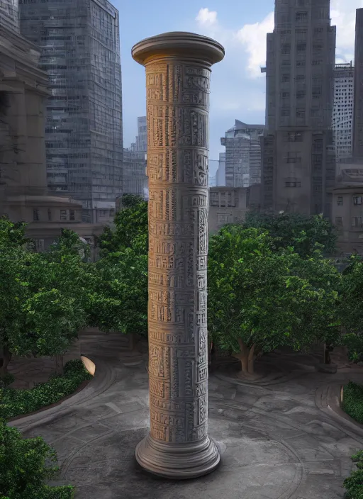 Image similar to highly detailed realistic architecture 3 d render of a futurisctic stele made from coin stacks standing in a city park, archdaily, made in unreal engine 4 octane render