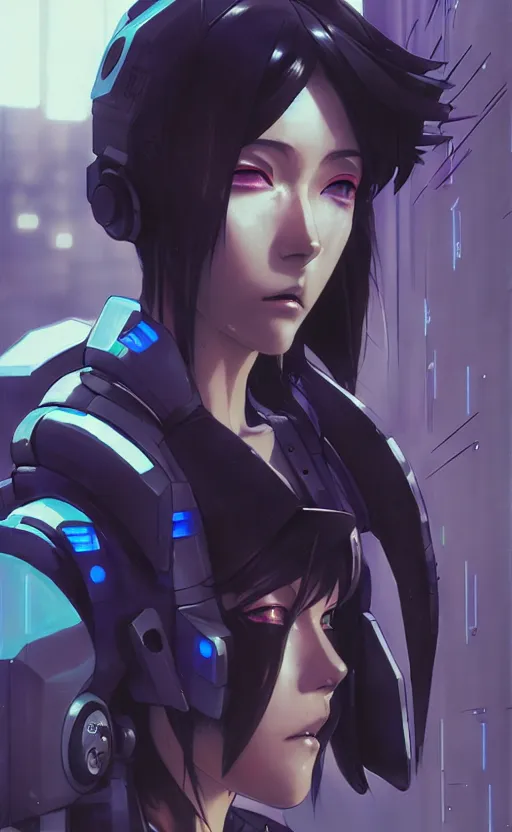 Prompt: cyberpunk anime girl mech, cyberpunk accessory, side view, 3 / 4 shot, street night, beautiful face, grafity, arcane, detail, good face, pose model, concept art, in style of yoji shinkawa, pan ren wei, col price, atey ghailan, by greg rutkowski, aesthetic, digital painting, 3 d, non crop