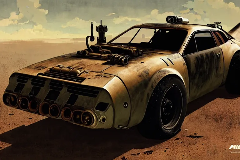 Image similar to dieselpunk mad max alpine a 3 1 0 with guns installed, painted by greg rutkowski makoto shinkai takashi takeuchi studio ghibli, akihiko yoshida