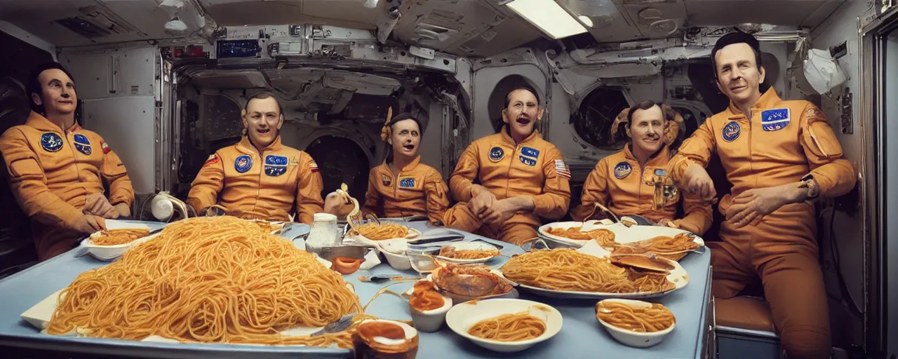 Image similar to astronauts eating spaghetti on their way to the moon, ultra - realistic faces, fine detail, anon 5 0 mm, in the style of diane arbus, in the style of wes anderson, kodachrome, retro