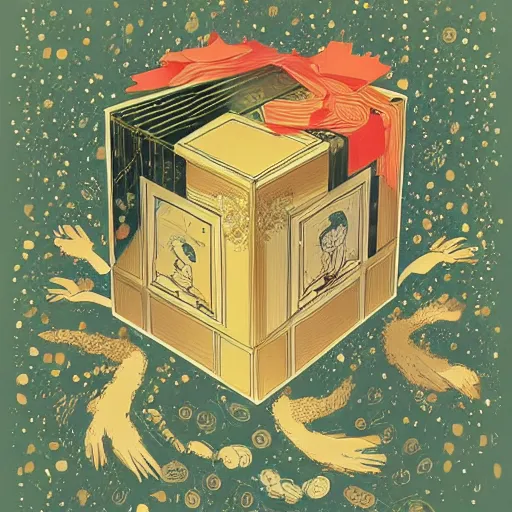 Prompt: feeling of infinite and repition with a box inside gift box which is inside another gift box with another box inside like matriochkas, illustration by victo ngai