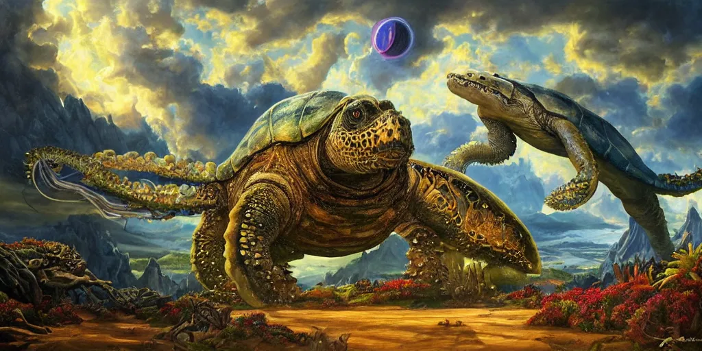 Image similar to fantasy oil painting, great leviathan, cybernetic turtle cephalopod terrapin reptilian pachyderm squid, bella hadid, hybrid, milla jovovich, anubis, epic natural light, lush plants flowers, spectacular mountains, bright clouds, luminous sky, outer worlds, golden hour, michael cheval, edward hopper, michael whelan, vray, hd