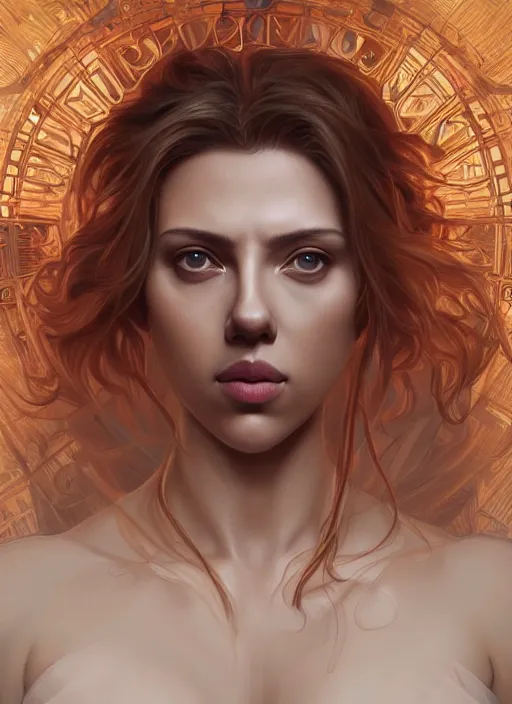 Image similar to symmetry!! scarlett johansson, machine parts embedded into face, intricate, elegant, highly detailed, digital painting, artstation, concept art, smooth, sharp focus, illustration, art by artgerm and greg rutkowski and alphonse mucha, 8 k