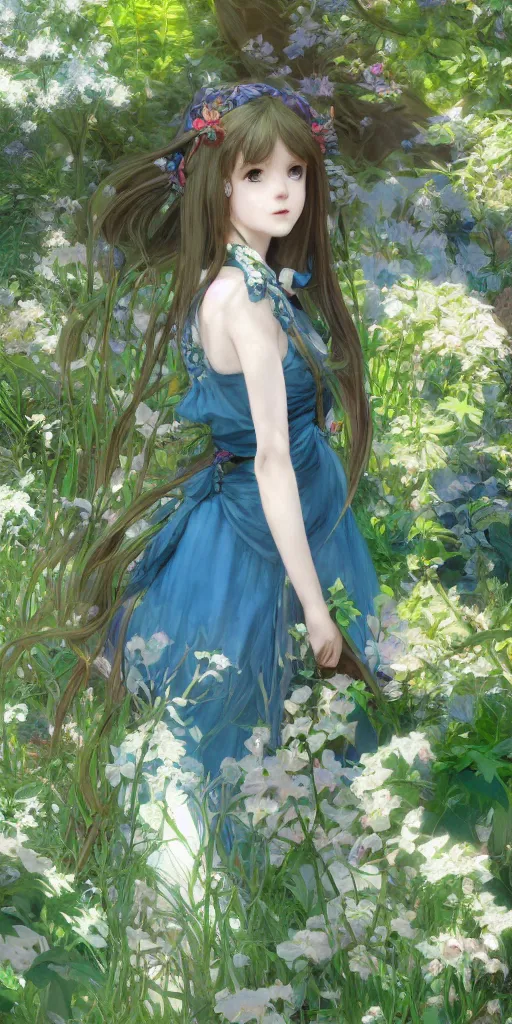 Image similar to a digital art of a loli with long hair in a dress in the privet garden at after noon, green and warm theme and blue accents, back lighting, by krenz cushart and mucha, highly detailed, 4 k resolution, trending on art station