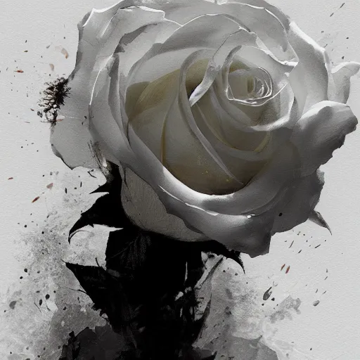 Prompt: a close up illustration of a white rose, dramatic lighting, illustration by Greg rutkowski, yoji shinkawa, 4k, digital art, concept art, trending on artstation