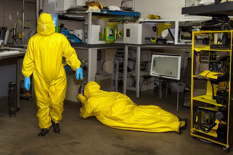 Prompt: a man in a yellow hazmat suit looks on helplessly as a huge slimy meat monster grows out of control in a creepy basement lab full of science and computer equipment