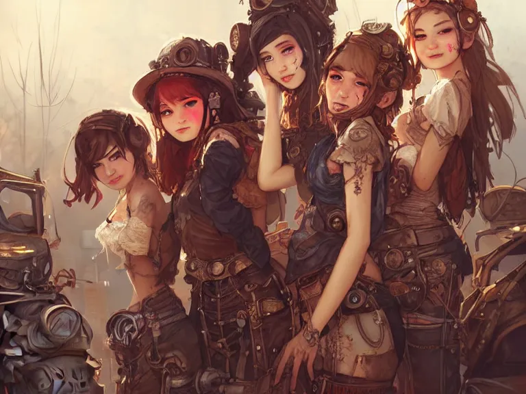 Prompt: group of 4 beautiful scavenger girls in a junkyard, steampunk, gritty, dirty, rusty, high fantasy, alluring, detailed faces, sharp focus, high detail, smooth, digital illustration, by rossdraws, artstation