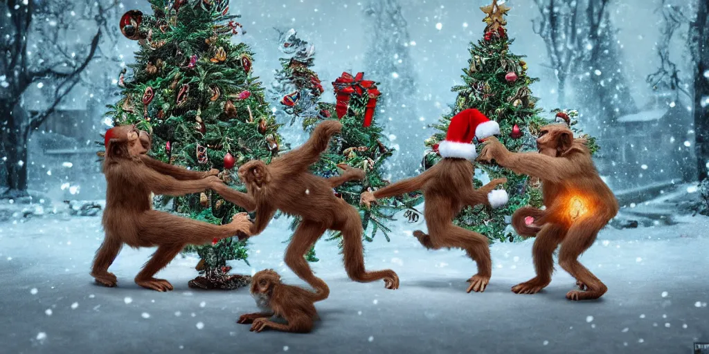 Image similar to Intricate detailed illustration, white-furred humanoid creatures fighting monkeys in front of a christmas tree, cinematic lighting, by Philip Hood, wide angle, volumetric light scattering, 8k, artstation, concept art,