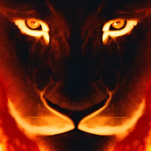 Image similar to anonymous lion face, closeup of face, volumetric lighting, face encircled by fire, crimson - black color scheme, intricate detail, award winning epic cinematic composition, photorealistic