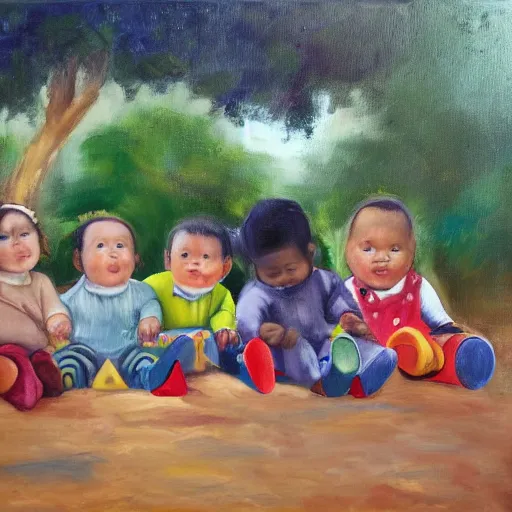 Image similar to an ethnically diverse group of toddlers. white. asian. hispanic. african. playing on a playground. oil on canvas exquisite. smooth. sharp focus. award winning. 8 k