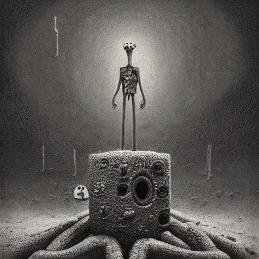 Image similar to spongebob squarepants in style of zdzisław beksinski, standing in wasteland, horror art, creepy, desolate, spongebob, spongebob, spongebob, spongebob