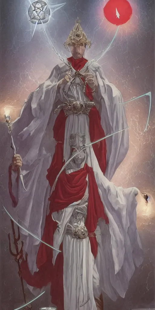 Image similar to tarot card of Magician white robe purity, red cloak, knowledge, table in front with a cup, pentacle, sword and wand – water, earth, air and fire, unlimited potential, flowers, fruition of ideas by framk frazzeta, brom, luis royo, Zdzisław Beksiński and thu berchs James Gurney unreal engine, Trending on artstation.