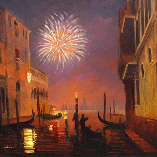 Image similar to an oil painting of couple kissing, in a background fireworks in venice