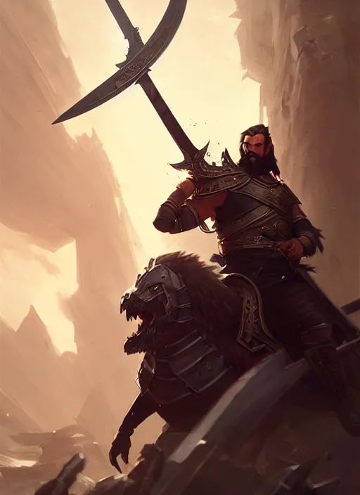 Image similar to epic bearded war commander with gigantic sword and large shield. highly detailed, digital painting, concept art, smooth, sharp focus, illustration, art by greg rutkowski