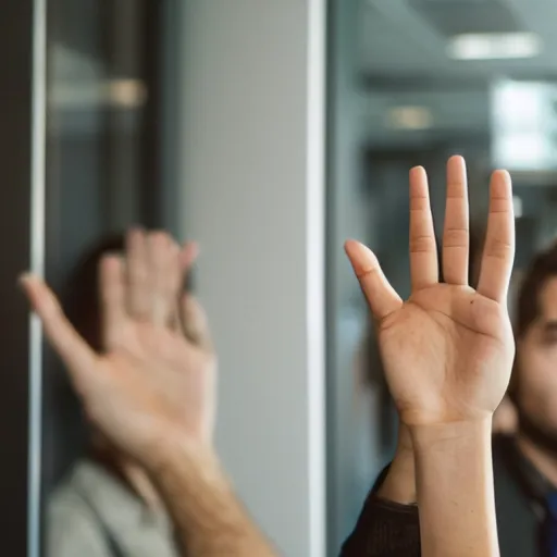 Image similar to photo of a young man waving goodbye emotionally to a group of his coworkers in office, 25mm, f8