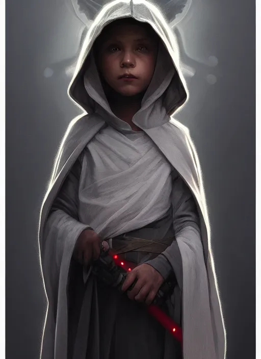 Image similar to perfectly - centered - portrait of a kid wearing grey cloak holding light saber, intricate, highly detailed, digital painting, artstation, concept art, smooth, sharp focus, illustration, unreal engine 5, 8 k, art by artgerm and greg rutkowski and alphonse mucha