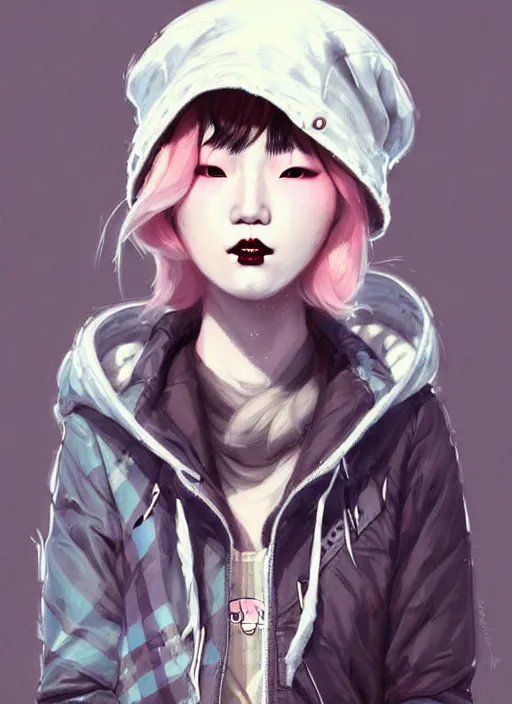 Image similar to highly detailed portrait of a korean sewer punk lady student, blue eyes, burberry hoody, hat, white hair by atey ghailan, by greg tocchini, by kaethe butcher, gradient pink, black, brown, cream and light blue color scheme, grunge aesthetic!!! ( ( graffiti tag wall, plain white background ) )