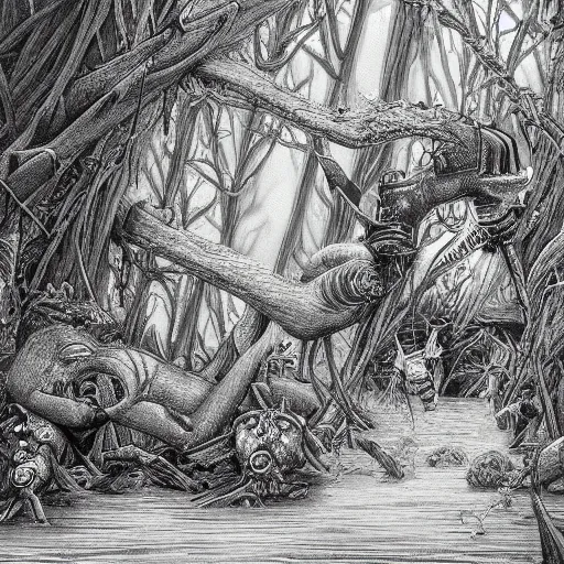 Image similar to monochrome illustration by David A. Trampier, fantasy, very detailed