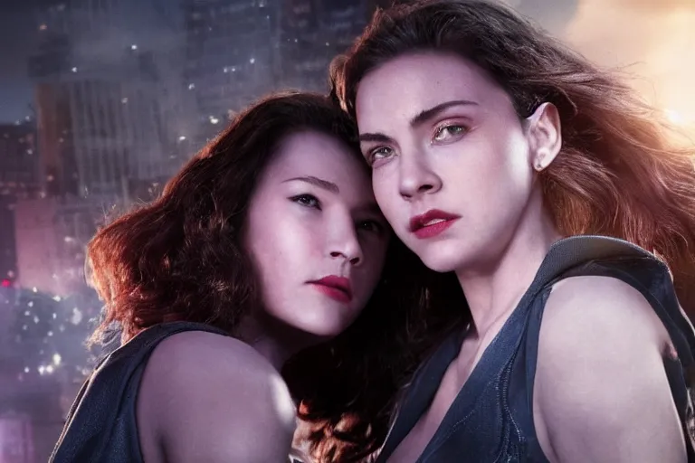 Image similar to movie powerful lesbian hero couple closeup, DC Marvel fashion, VFX powers at night in the city, city street, beautiful skin, natural lighting by Emmanuel Lubezki