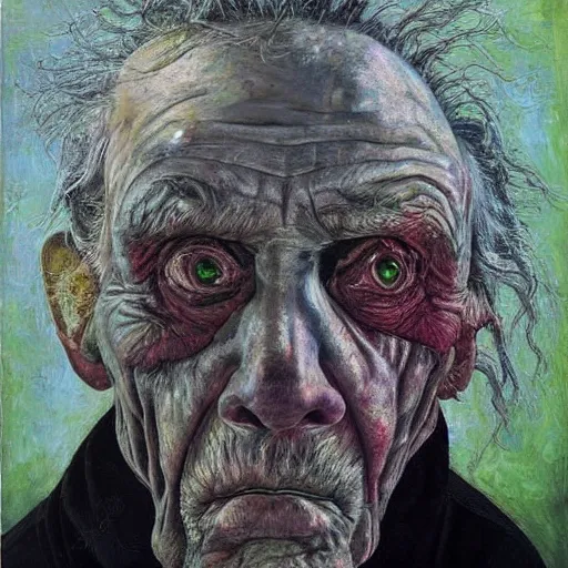 Image similar to macabre magic realism portrait of dying, old man sitting in chair and melting into unreal colors : : oil painting by ivan albright
