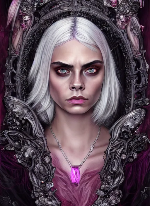 Prompt: Cara Delevigne, white hair, magenta shirt,beautiful detailed eyes, dirty, fantasy, intricate, rough, highly detailed, digital painting, 4k, HDR, concept art, detailed jewelry, smooth, sharp focus, illustration, art by Artgerm, H R Giger and Alphonse Mucha