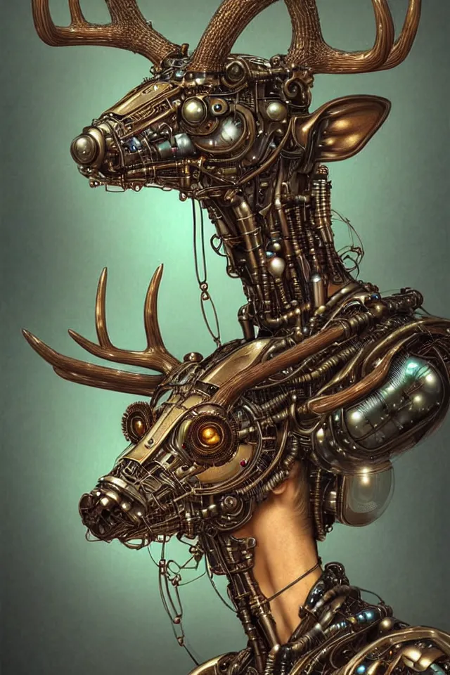 Prompt: a humanoid cybernetic steampunk deer portrait, gentle, cloth, female, steampunk city taken over by plants in the background, d & d, fantasy, intricate, elegant, highly detailed, digital painting, artstation, octane render, concept art, matte, sharp focus, illustration, shadowrun, art by artgerm and greg rutkowski and alphonse mucha