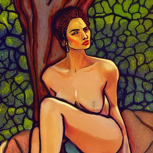 Prompt: full length portrait of a beautiful goddess, sitting in the shade, by Jason Jenicke, detailed, stylized, loose brush strokes, intricate, realistic, exaggerated lighting, sense of scale, ferocious, sensual