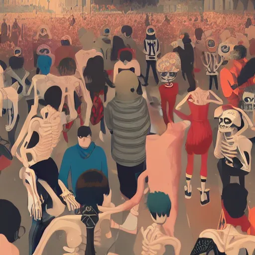 Image similar to a crowd composed by skeletons dressed funnily fight to have the an Iphone in a store of London, 2d, ultra highly detailed, digital painting, smooth, sharp focus, artstation, pixiv, art by Ilya Kuvshinov