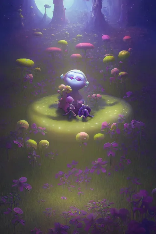 Prompt: a surreal Bioluminescent, very very very cute Lobelias in a happy world by Daniel Merriam, Trending on Artstation, oil on Canvas by Elena Zhurikhina and Goro Fujita and Charlie Bowater, octane render, 4k, 8k, HD