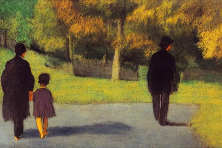 Prompt: a man with dark hair holding the hands of a young boy with dark hair as they walk down a suburban highway on a bright beautiful colorful day. in the style of an edgar degas painting.