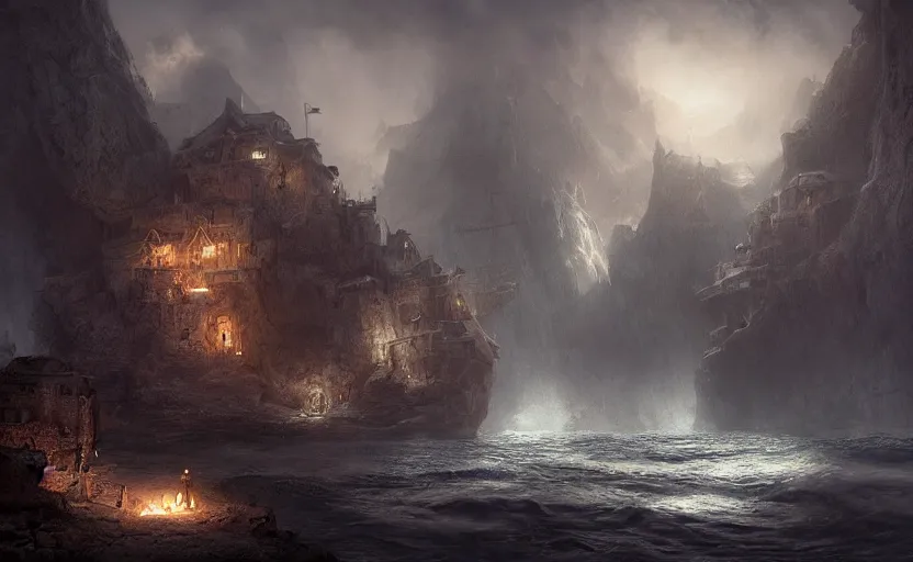 Prompt: A secret pirate town and harbor, in a cave. Underexposed, dark, centered. Atmospheric matte painting by Darek Zabrocki and Emmanuel Shiu, 4k ultra detailed, cinematic.