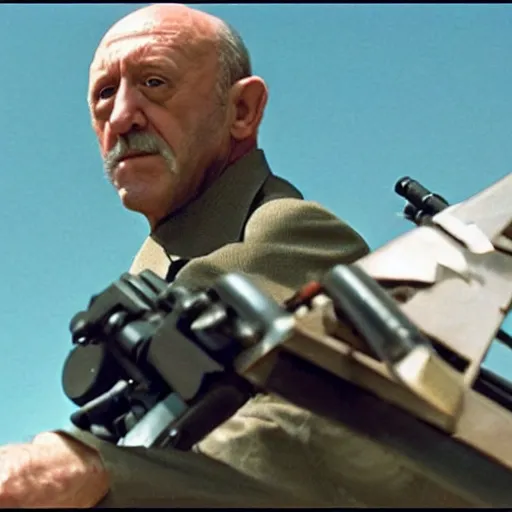 Image similar to Film Still of Mike Ehrmantraut aiming a mounted machine gun, 8k, highly detailed, centered