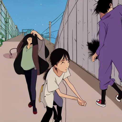 Prompt: a woman is shooting a man, the woman is standing straight up, she is wearing a pink button up shirt and black trousers, she has black hair with bangs, she is in front view, the man is wearing a hoodie and is color drained, a color drained image, cartoon, studio ghibli