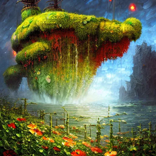 Image similar to overgrown flower covered mossy battleship cryengine render by android jones, james christensen, rob gonsalves, leonid afremov and tim white