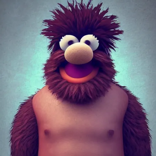 Image similar to a still of a forgotten muppet character looking very manly and modern, hilarious, laughing, hairy chest, huge chin, manly monster tough guy, roughled fur, photo real, photographic, photograph, artstation, trending, featured