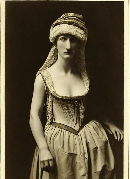 Image similar to portrait of young woman in renaissance dress and renaissance headdress, art by eugene atget