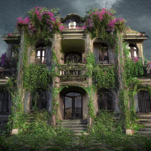 Image similar to ugly gaudy mansion, abandoned, growing vines, very old, professional art, trending on artstation, very detailed, realistic,