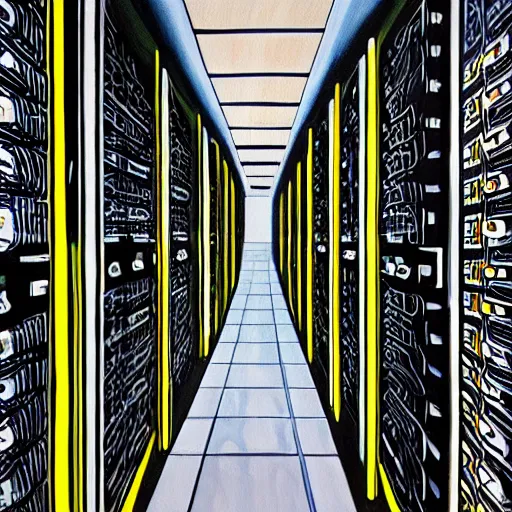 Prompt: a painting of inside of a high end data center that's caught fire!!!!!!!, fire on data center